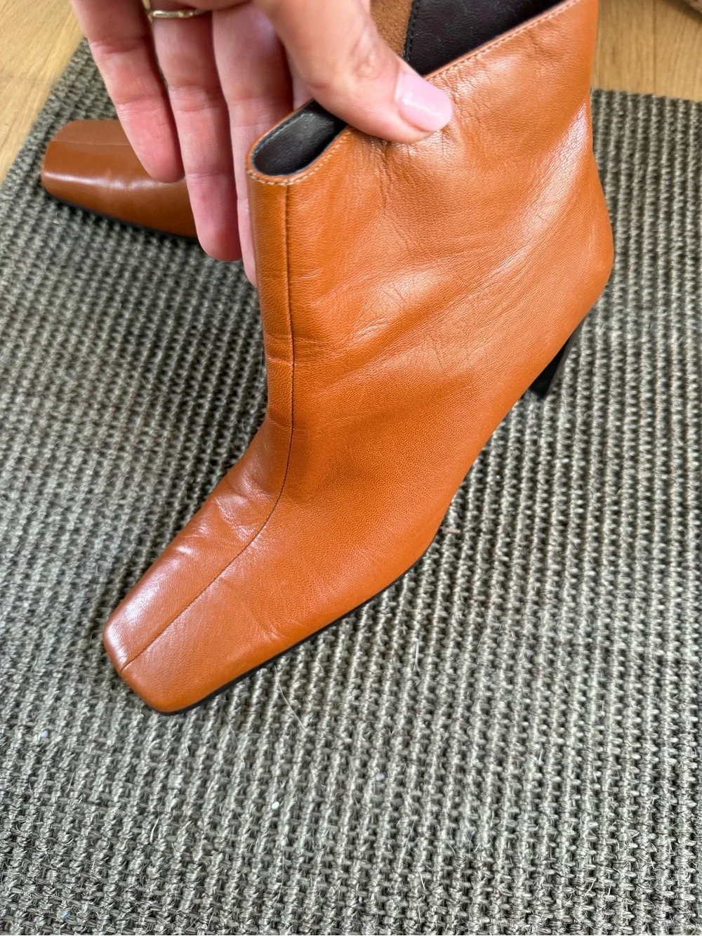 Anne Klein Cognac Leather Square-Toe Ankle Boots